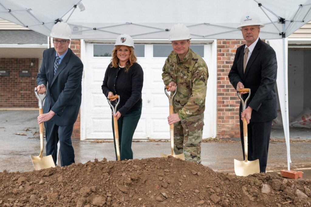 Representatives from Tobyhanna Army Depot and Centinel Public Partnerships break ground on a highly anticipated project to build 35 new homes for military families at the depot. From left: William Ramey, Director of Installation Services; Amalia Thomas, Master Planner; Depot Commander Col. James L. Crocker; and Todd Wentland, Cadence Communities Project Director. (Justin Kucharski)